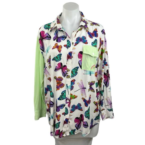 Terez Multicolor Butterfly Print Button Down Long Sleeve Pocket Shirt Top Sz S - Picture 1 of 3